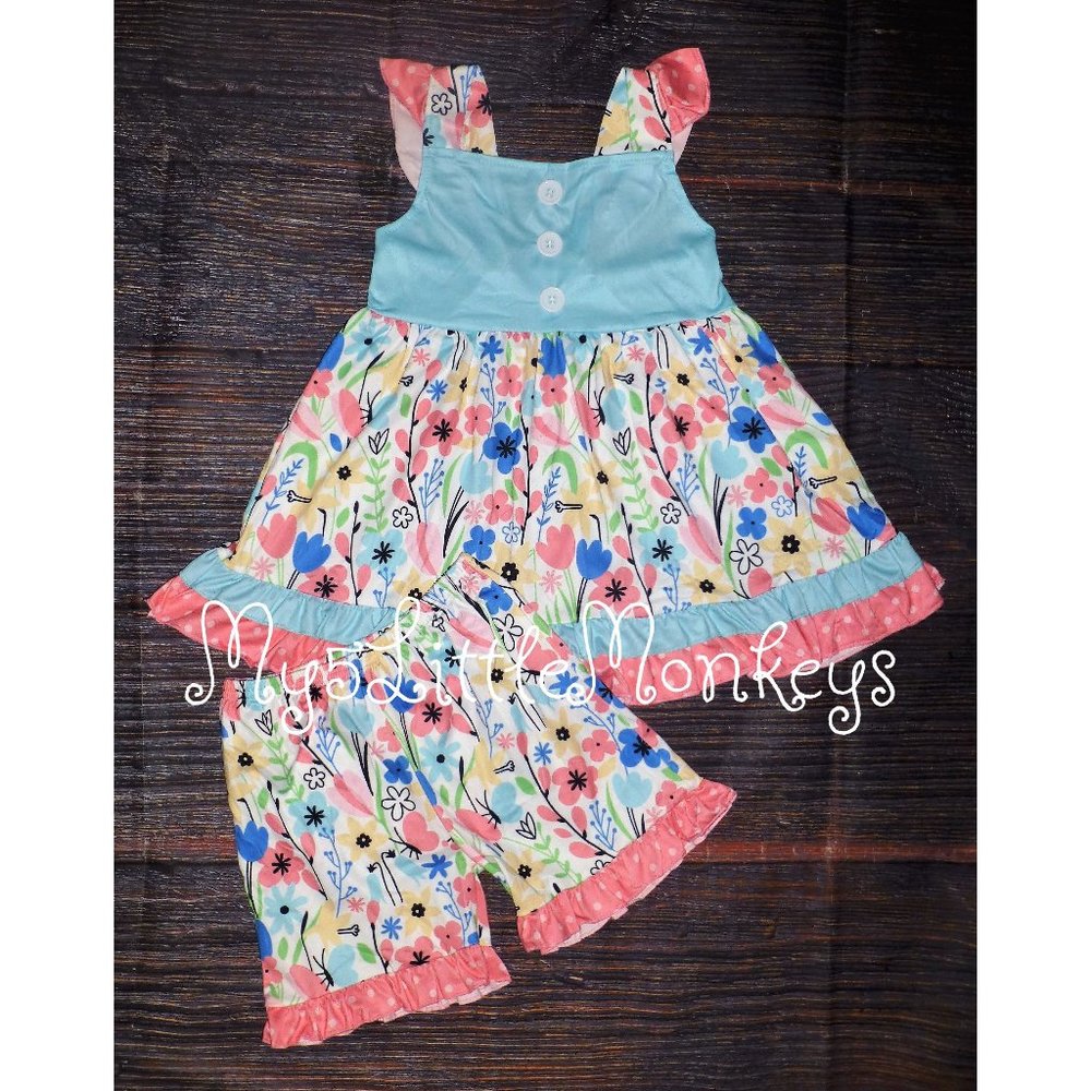 Boutique Floral Tunic Dress Ruffle Shorts Girls Outfit Set